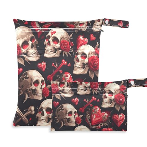 EtherSpher Valentine Red Rose Skull Mess-proof Bags for swimmers 2 Pack wet bag for swimsuit with handles for baby diapers, travel von EtherSpher