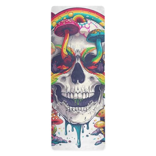 Happy Skull Rainbow Mushroom World Reise-Yogamatte, verstaubar, leicht, bedruckt, Naturkautschuk, rutschfest, mit Tasche, 180,3 x 66 cm von EtherSpher