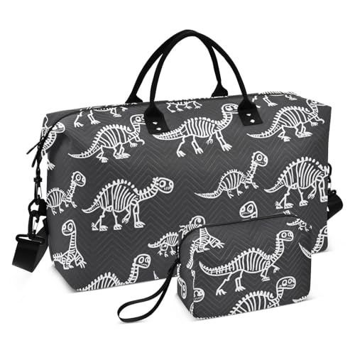 Süße Dinosaurier-Skelette, Knochen, schwarz, übergroße Reisetasche, Tragetasche und Gepäck, Reisetasche, Turnbeutel mit Kulturbeutel für Workout, 2-teiliges Set, Niedliche Dinosaurier-Skelette, von EtherSpher