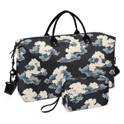 Ukiyo-e Reise-Handtasche, Wochenendtasche, Übernachtungstasche, Turnbeutel mit verstellbarem Riemen für Fitnessstudio, großes Fassungsvermögen, Schwarz, Ukiyo-e Style Cloud Black, 1 size von EtherSpher