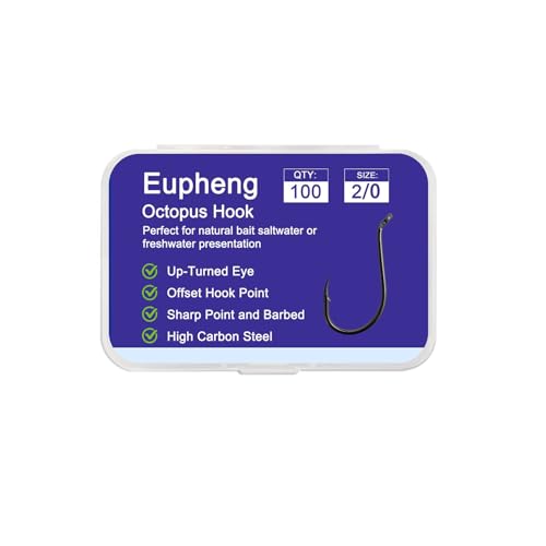 Eupheng 100 Stück Octopus-Haken, Hartstahl, Salzwasser, Süßwasser-Angelhaken für Wels, Forellen, schwarzes Nickel, Größe #6 bis 6/0 von Eupheng