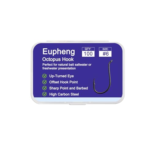 Eupheng 100 Stück Octopus-Haken, Hartstahl, Salzwasser, Süßwasser-Angelhaken für Wels, Forellen, schwarzes Nickel, Größe #6 bis 6/0 von Eupheng