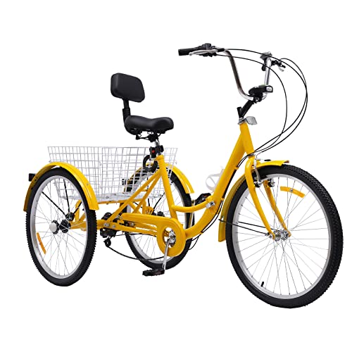 EurHomePlus 24 Zoll Dreirad für Erwachsene 7-Gang 3-Räder Fahrrad mit Einkaufskorb und LED Licht für ältere Menschen zur Erholung usw (Gelb) von EurHomePlus
