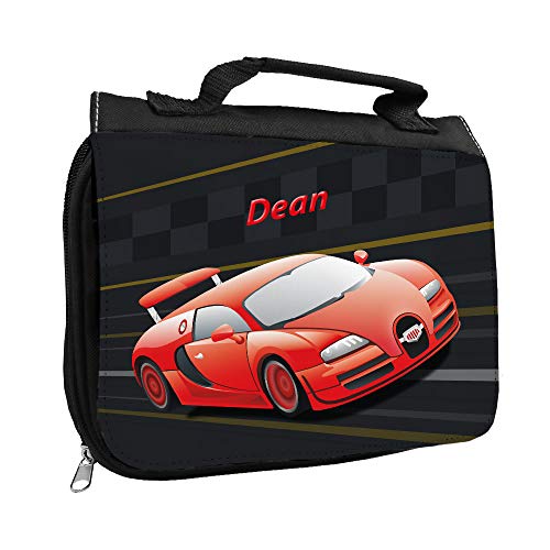 Kulturbeutel mit Namen Dean und Racing-Motiv mit rotem Auto für Jungen | Kulturtasche mit Vornamen | Waschtasche für Kinder von Eurofoto