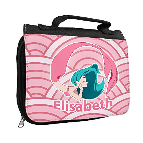 Kulturbeutel mit Namen Elisabeth und Meerjungfrau-Motiv rosa für Mädchen | Kulturtasche mit Vornamen | Waschtasche für Kinder von Eurofoto