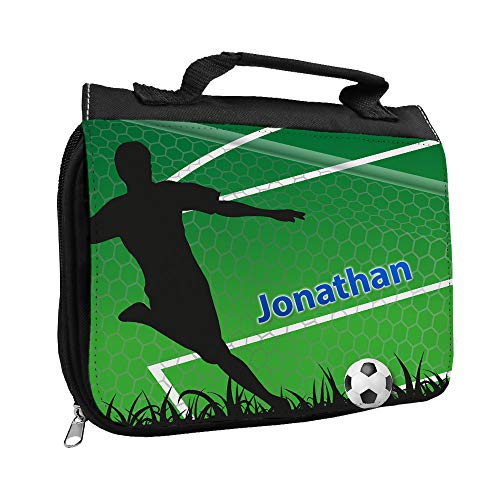 Kulturbeutel mit Namen Jonathan und Fußballer-Motiv mit Tor für Jungen | Kulturtasche mit Vornamen | Waschtasche für Kinder von Eurofoto