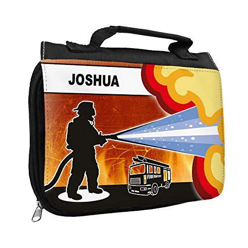 Kulturbeutel mit Namen Joshua und Feuerwehr-Motiv für Jungen | Kulturtasche mit Vornamen | Waschtasche für Kinder von Eurofoto