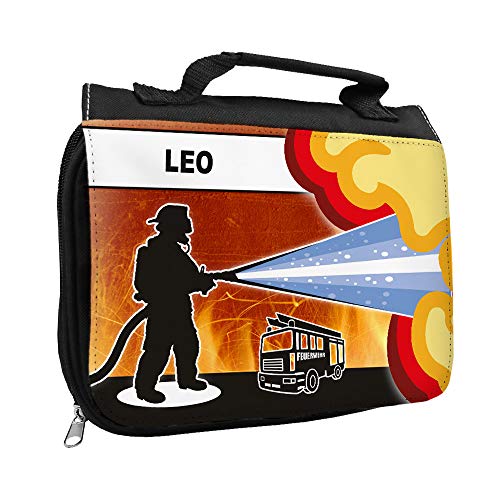 Kulturbeutel mit Namen Leo und Feuerwehr-Motiv für Jungen | Kulturtasche mit Vornamen | Waschtasche für Kinder von Eurofoto