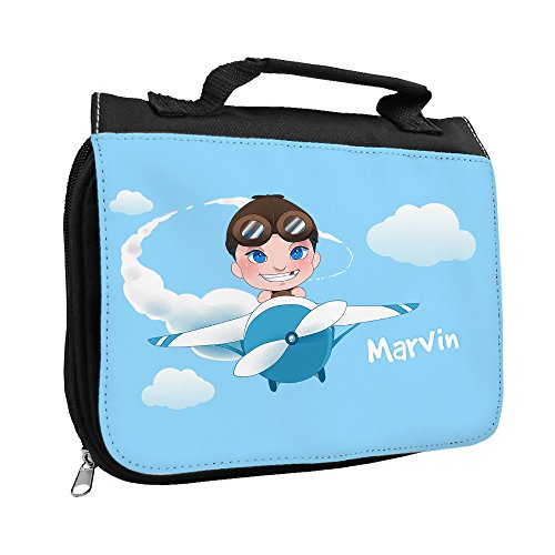 Kulturbeutel mit Namen Marvin und schönem Motiv mit Flugzeug und Pilot für Jungen | Kulturtasche mit Vornamen | Waschtasche für Kinder von Eurofoto