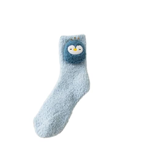 Flauschige Socken Für Frauen, 3D-Cartoon-Pinguin-Korallensamtsocken, Bodensocken, Kuschelige Thermische Fuzzy-Socken, Frauen, Blau, Einheitsgröße von Everyiod