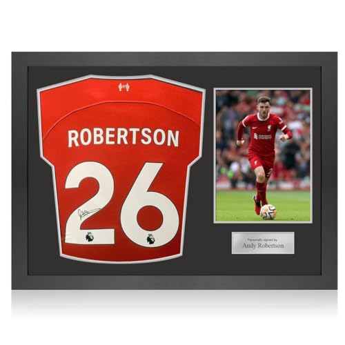 Exclusive Memorabilia Liverpool-Trikot 2023-24, signiert von Andy Robertson. Symbolrahmen von Exclusive Memorabilia