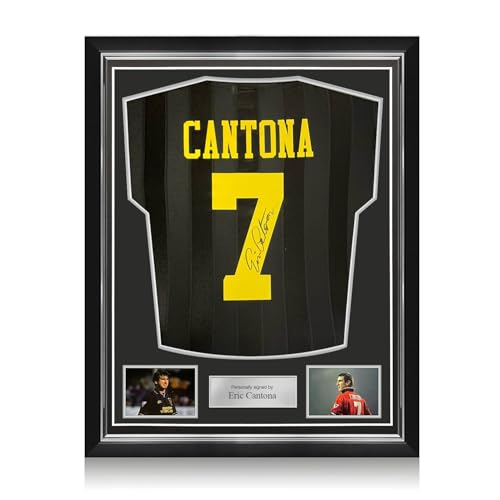 Exclusive Memorabilia Schwarzes Manchester United-Auswärtstrikot, signiert von Eric Cantona. Hochwertiger Rahmen von Exclusive Memorabilia