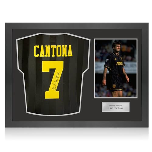 Exclusive Memorabilia Schwarzes Manchester United-Auswärtstrikot, signiert von Eric Cantona. Icon-Rahmen von Exclusive Memorabilia