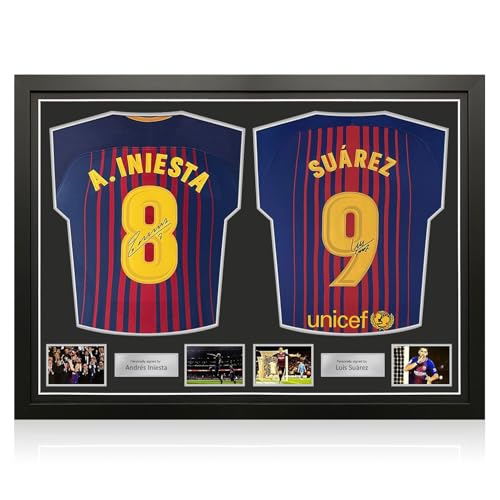 Exclusive Memorabilia Von Andres Iniesta und Luis Suarez signierte Barcelona-Trikots. Gerahmt von Exclusive Memorabilia