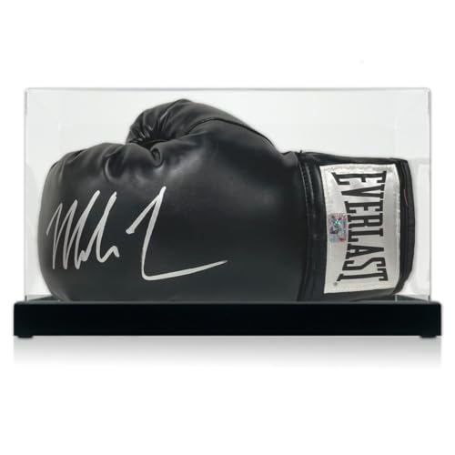 Exclusive Memorabilia Schwarzer Boxhandschuh, signiert von Mike Tyson. Schaukasten von Exclusive Memorabilia