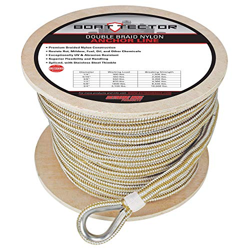 Extreme Max 3006.2273 BoatTector doppelt geflochtene Nylon-Ankerleine mit Fingerhut, 1,6 cm x 50,9 cm, Weiß und Gold von Extreme Max