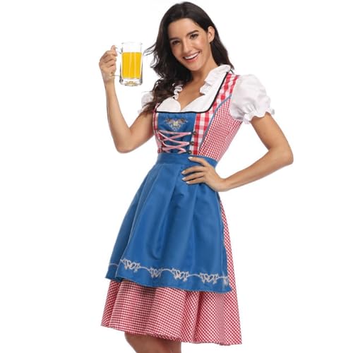 Eyccier Dirndl Kleider Frauen Vintage Ruffled Edge V-Ausschnitt Deutsch Outfit Frauen traditionelle Karierte Stoff Klassiker atmungsaktives Bierkostüm für Party l von Eyccier