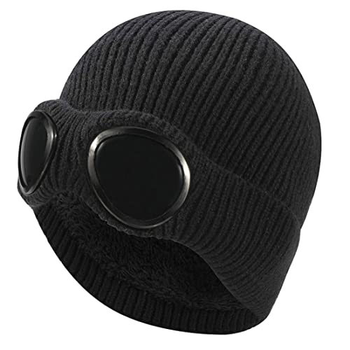Eyccier Gestrickte Mütze Hut Winterhüte Winter Thermalschädelkappe mit abnehmbaren Schutzbrillen Ohrschutz Mütze für Männer schwarz von Eyccier