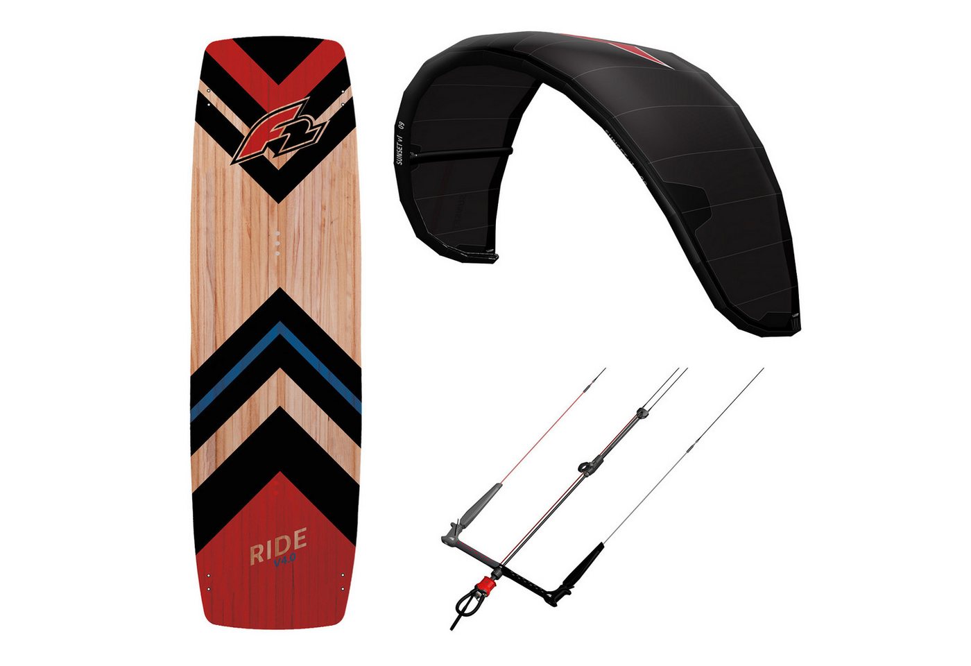 F2 Kite F2 Set Kite Sunset V1 9qm, Kiteboard Ride Lightwind Wood 148cm, Contro von F2