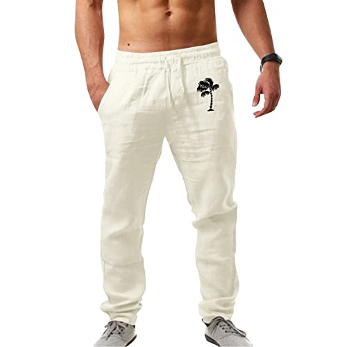 FACAIAFALO Hosen Herren Leinen Baumwolle Lange Sport Straight Regular Fit Outdoor Strandhose aus Baumwollmischung Leicht Sommerhose Jogginghose Loose Fit Freizeithose mit Kordelzug Seitentaschen von FACAIAFALO