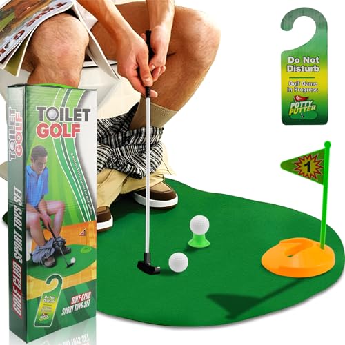 FAELNK Toilettengolf Geschenk Set Toiletten Spiel 7-teiliges Mini Golf Männergeschenk Lustig fürs Badezimmer mit Golfschläger 65 cm,Puttingmatte,2 Golfbälle und Türhänger von FAELNK