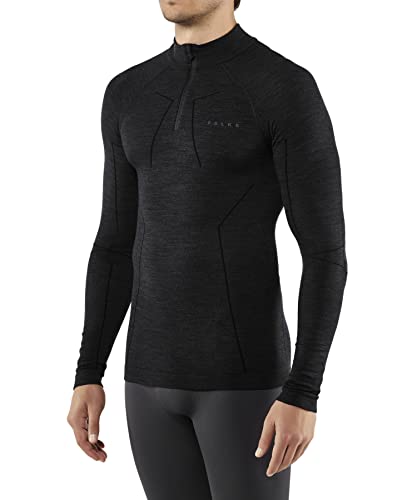 FALKE Herren Baselayer-Shirt Wool-Tech High Zip Neck M L/S SH Wolle Schnelltrocknend 1 Stück, Schwarz (Black 3000), L von FALKE