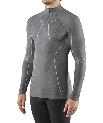 FALKE Herren Baselayer-Shirt Wool-Tech High Zip Neck M L/S SH Wolle schnelltrocknend 1 Stück, Grau (Grey-Heather 3757), XXL von FALKE