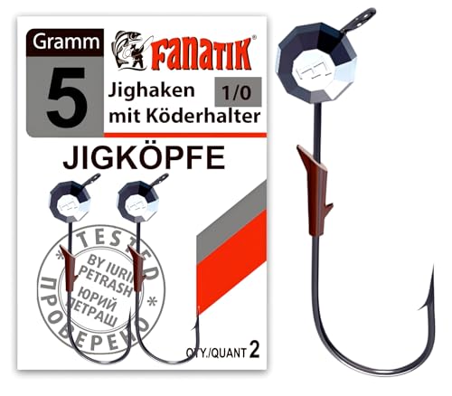 Fanatik 2 Stück Jighaken mit kantiges Jighead Größe 1/0 – 6/0, 41 mm – 47 mm, Gewicht 3g – 50 g für Gummifische zum Raubfischangeln Bleikopf Angelhaken Jig von FANATIK