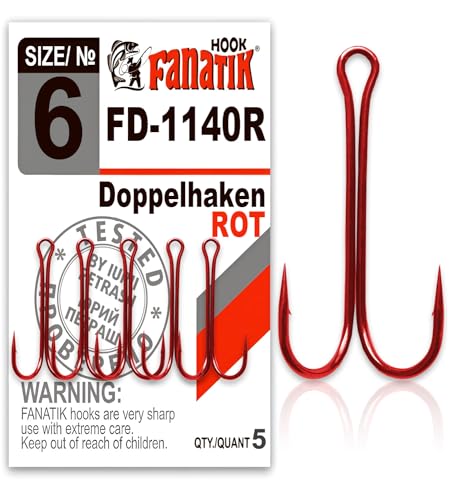 FANATIK Doppelhaken Double Hook FD-1140 gr. 8, 7, 6, 4, 2, 1, 1/0, 2/0, 3/0 jig Angel Fishing Hook für Gummiköder Offset (Rot, 42mm - #2/0-3 Stück) von FANATIK