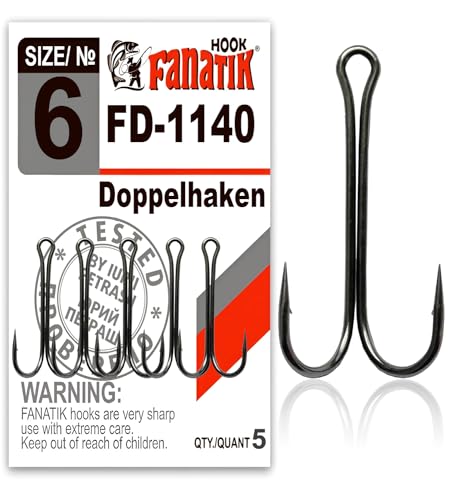FANATIK Doppelhaken Double Long FD-1140 gr. 8, 7, 6, 4, 2, 1, 1/0, 2/0, 3/0 jig Angel Fishing Hook für Gummiköder Offset (Schwarz, 30mm - #6-5 Stück) von FANATIK