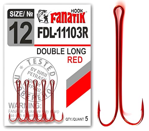 FANATIK Doppelhaken Double Long FDL-11103 gr. 8, 6, 4, 2, 1, 1/0, 2/0, 3/0, 4/0 jig Angel Fishing Hook für Gummiköder Offset (Rot, 25mm - #10-5 Stück) von FANATIK