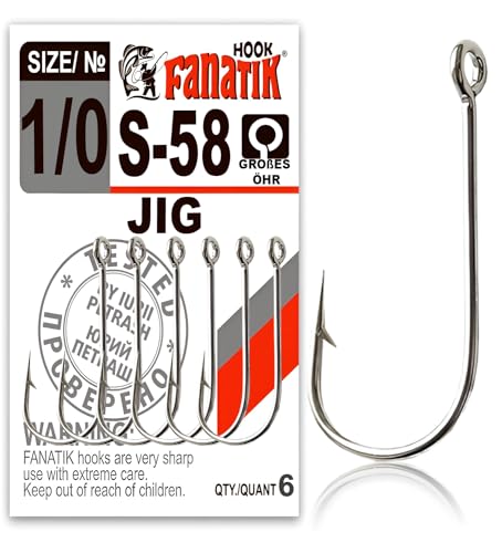 FANATIK Haken JIG S-58 gr. 5/0, 4/0, 3/0, 2/0, 1/0 jig Angel Fishing Hook für Gummiköder (Schwarz, 47mm - #4/0-5 Stück) von FANATIK