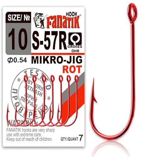 FANATIK Haken MIKRO-JIG S-57 gr. 10, 8, 6, 4, 2, 1 jig Angel Fishing Hook für Gummiköder (Rot, 16mm - #8-7 Stück) von FANATIK