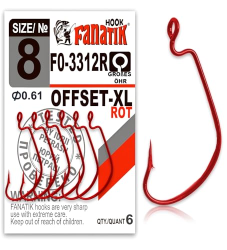 FANATIK Haken Offset FO-3312-XL gr. 8, 6, 4, 2, 1, 1/0, 2/0, 3/0, 4/0, 5/0 jig Angel Fishing Hook für Gummiköder (Rot, 20mm - #6-6 Stück) von FANATIK