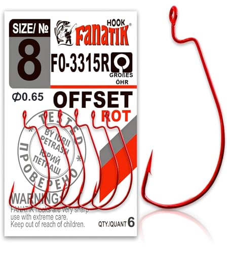 FANATIK Haken Offset FO-3315 gr. 8, 6, 4, 2, 1, 1/0, 2/0, 3/0, 4/0, 5/0 jig Angel Fishing Hook für Gummiköder (Rot, 32mm - #4-5 Stück) von FANATIK
