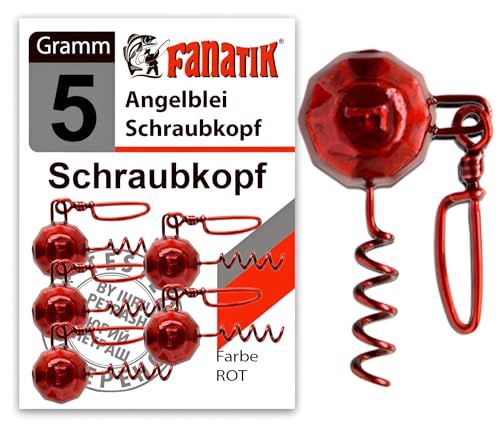 FANATIK Schraubkopf Spirale mit Karabiner Jig Jigkopf Spiral Head Bleikopf für 5g - 35g (10 Gramm - 5 Stück, Rot) von FANATIK