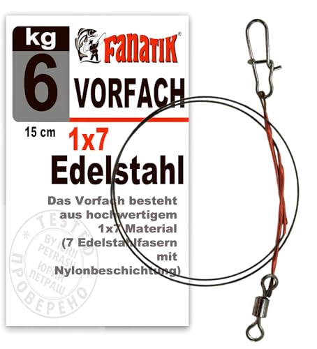 FANATIK Vorfach Edelstahl 1x7 70cm 12kg mit Wirbel und Karabiner Duo-Lock Stahlvorfach Spinnvorfächer Angel Trace Fast Lock Snap Wirbel Leader (70 cm, 12) von FANATIK