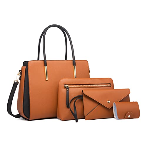 FANDARE Damen Handtasche 4 Stück Set Umhängetasche Frauen Reise Citytasche mit Unterarmtasche Brieftasche Schulterbeutel Shopper Tote für Mädchen Alltag Büro Schule Ausflug Henkeltasche Braun von FANDARE