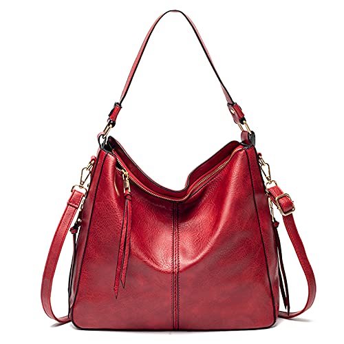 FANDARE Damen Handtasche Frauen Umhängetaschen Schultertasche PU Leder Tote Beutel Schultertasche für Mädchen Alltag Büro Schule Ausflug Shopper Hobo Tasche rot von FANDARE