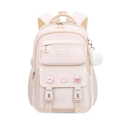 FANDARE Kinderrucksack Schulrucksack für Mädchen Schulranzen mit süßem Abzeichen Junge Teenager Schultasche Rucksack Büchertaschen Schule Tagesrucksack Leichter Rucksack Schule Daypacks Beige von FANDARE