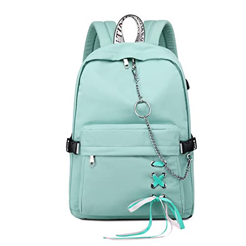 FANDARE Lässig Schulranzen Schulrucksack Schultaschen Daypack mit USB-Ladeanschluss Mädchen Teens Schultasche mit süßem Band für Schüler Reise Rucksack Damen Schultasche Grün L von FANDARE