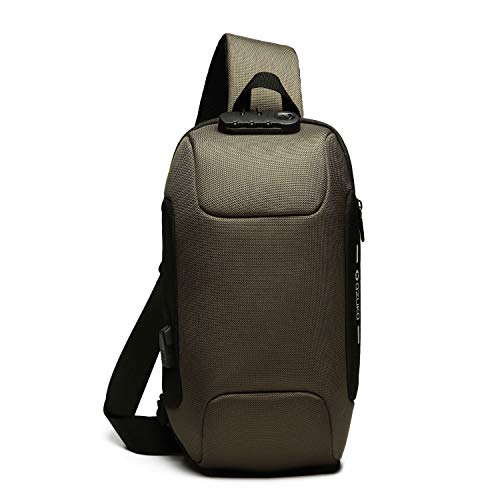 FANDARE Neu Herren Schultertasche Brusttasche mit Passwortschloss, USB, Reflektierende Streifen Umhängetasche Rucksack Sporttasche für Abenteuer,Reisen und Joggen Wasserdichtes Polyester Hellgrün von FANDARE