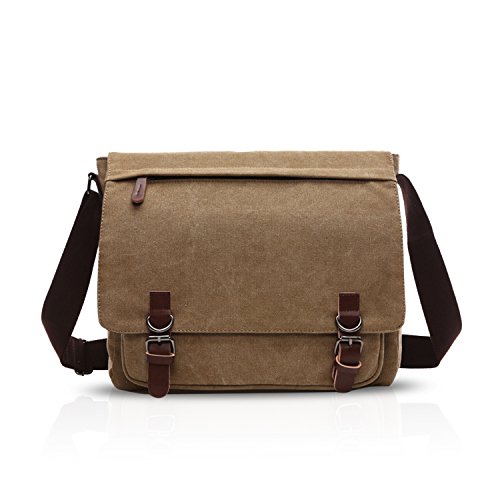 FANDARE Retro Umhängetasche Segeltuch Schultertasche Herren Damen Lehrertasche Briefträgertasche für 14 Zoll Notebook Laptoptasche Große Aktentasche Freizeit Reise Business Messenger Bag Khaki L von FANDARE