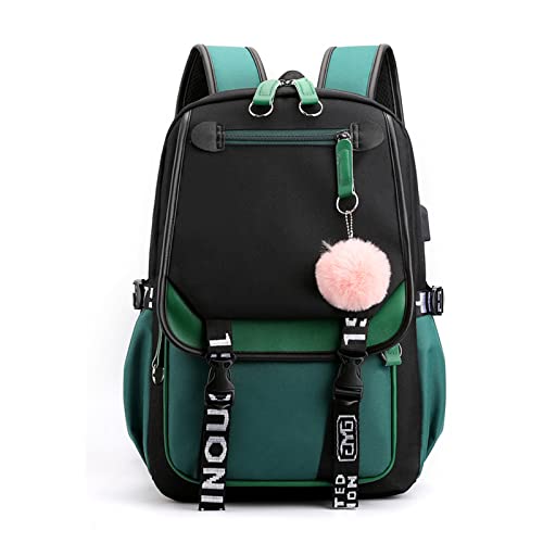 FANDARE Schulrucksack Mädchen Schulranzen Jungen Schultasche mit USB-Ladeanschluss Teenager Daypacks für Damen Universität Reisen Ergonomischer Kinder Schultasche mit Haarballen-Anhänger Grün von FANDARE