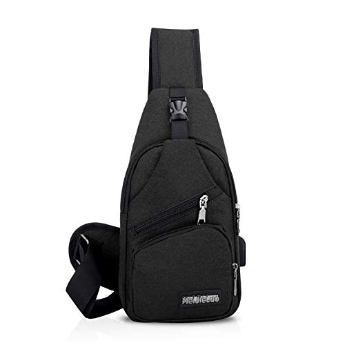 FANDARE Unisex Schultertasche Herren Damen Brusttasche Sling Bag Rucksack mit USB Umhängetasche Sporttasche für Wandern,Abenteuer,Sport, Reisen und Joggen Schwarz von FANDARE