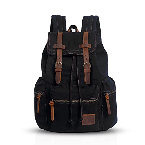 FANDARE Vintage Rucksäcke Schulrucksack Leinwand Daypacks Ranzen Mädchen Schulranzen für 14 Zoll Laptop Taschen Herren Damen Schultasche für Arbeit Wandern Reisen Camping Rucksack Schwarz von FANDARE