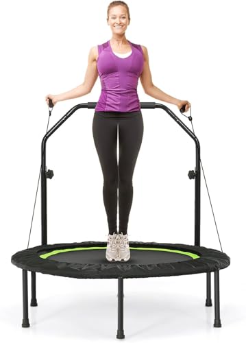 FANTASK Fitmess Trampolin mit höhenverstellbarm Haltegriff & 2 Widerstandsbändern,Kindertrampolin faltbar, Mini Trampolin φ101cm, Gartentrampolin bis 150kg belastbar für Erwachsene & Kinder von FANTASK