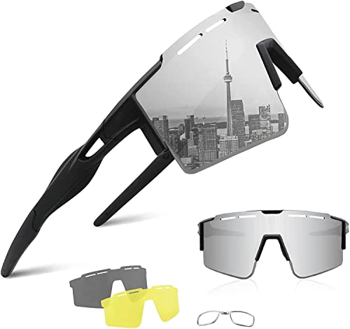 FASCINATDECO Polarisierte Fahrradbrille TR90 Rahmen für Herren und Damen Sport Radfahren MTB Sportsonnenbrille Radbrille Sportbrille mit 3 Wechselgläser Fahren Angeln Baseball Laufen (Silber) von FASCINATDECO