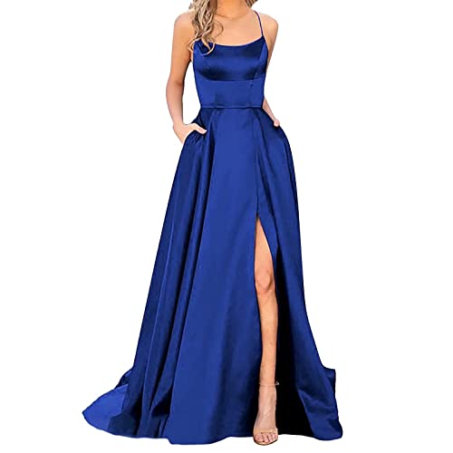 Ballkleider für Damen, lang, elegant, rückenfrei, lange Kleider, Crisn-Satin-Spaghetti-Party-Abschlussballkleid, Seitenschlitz, Hochzeits-Abend-Partykleid mit Taschen Abendkleid Blau (Dark Blue, XXXL) von FASLOLSDP