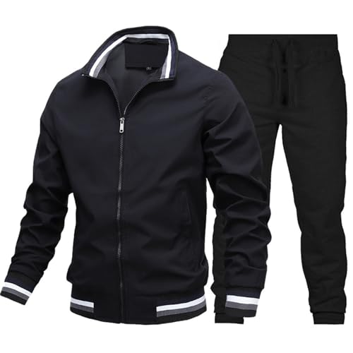 FASLOLSDP Herren-Freizeitjacke, leicht, mit Reißverschluss, langärmlig, Stehkragen, Streifendruck, Tasche, Sportbekleidung, Mantel und Hose Reisetasche Filz (Black, XXXL) von FASLOLSDP